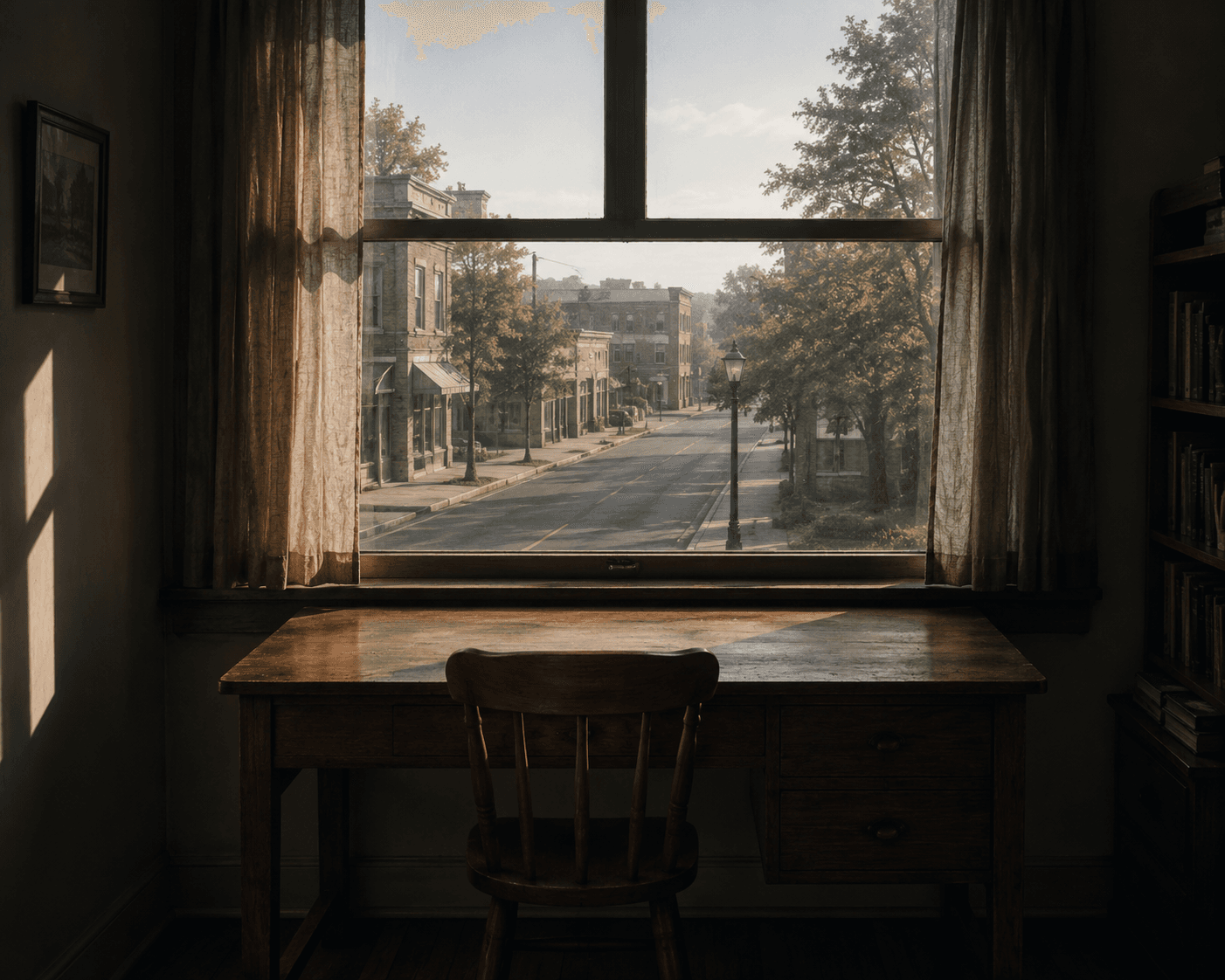 An empty desk facing a window onto a quiet street