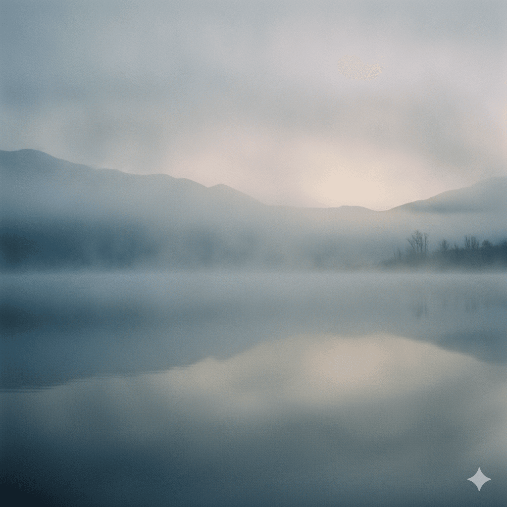 A misty lake at dawn, still water reflecting soft morning light