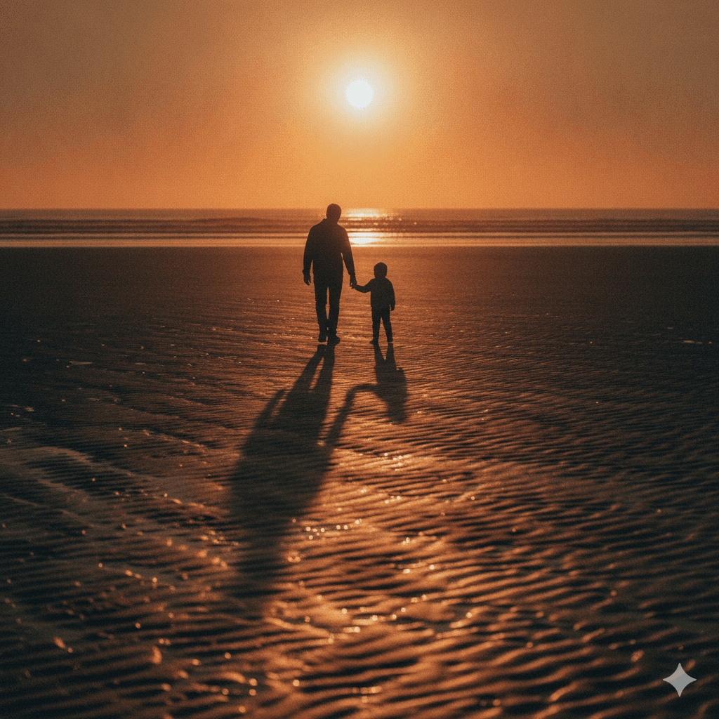 A parent and child walking hand in hand on a beach at golden sunset
