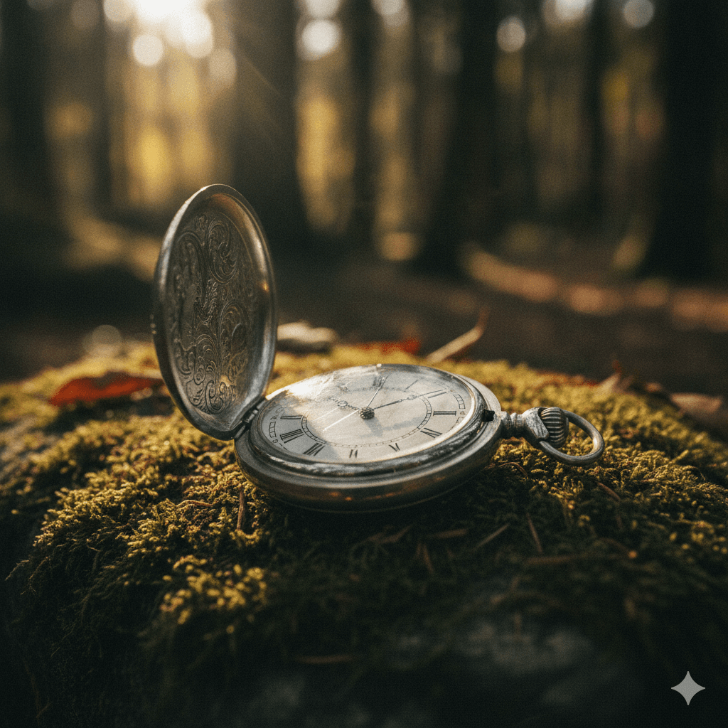 An open pocket watch resting on moss in a forest